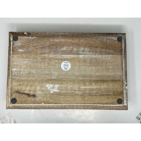 RUSTIC Carved Wooden Serving Tray Rectangular 17x12 With 2 Handles India - Picture 2 of 8